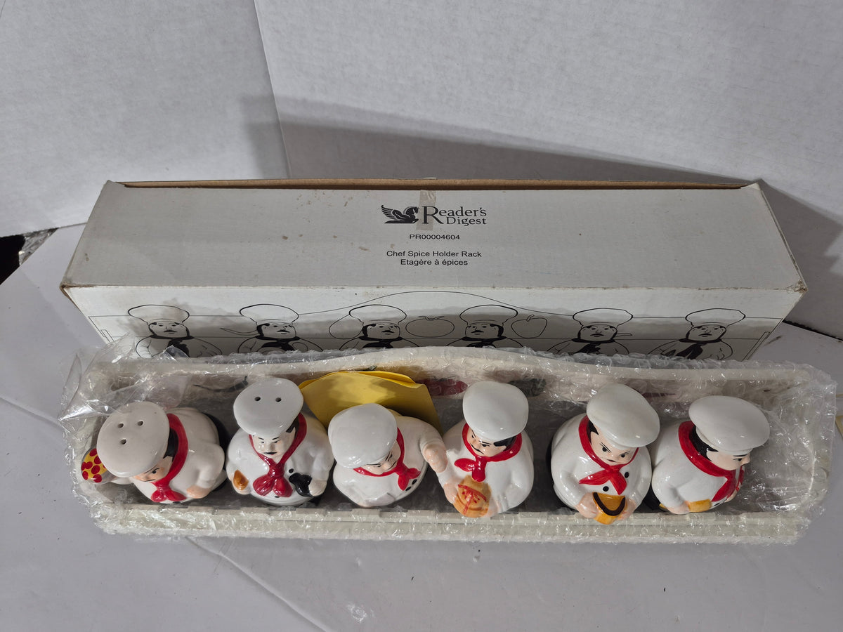 Vintage Reader’s Digest Ceramic Chef Spice Shaker Set with Holder Rack & Original Box – Set of 6 – 15"