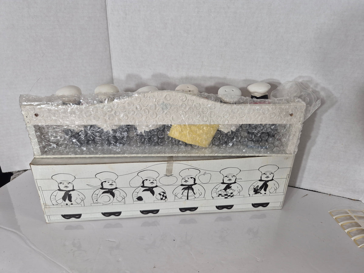 Vintage Reader’s Digest Ceramic Chef Spice Shaker Set with Holder Rack & Original Box – Set of 6 – 15"
