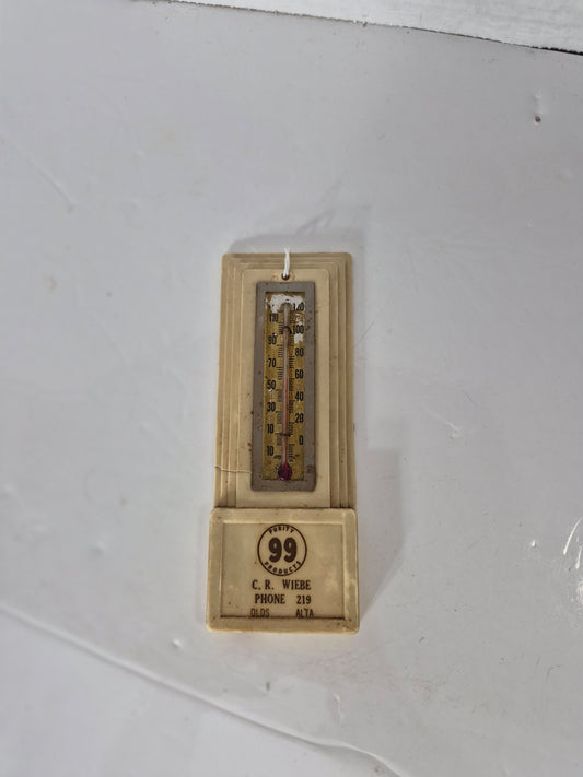 Vintage 99 Purity Products Advertising Thermometer – C.R. Wiebe – Olds, Alberta – 2.25" x 6.25"