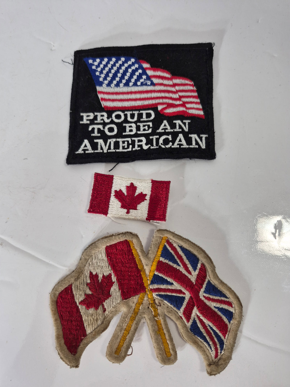 Vintage Embroidered Flag Patches – American, Canadian & British Crossed Flags – Lot of 3