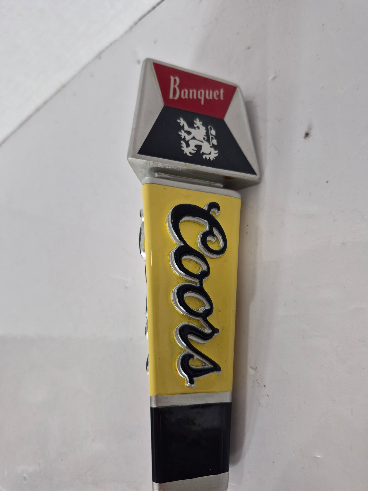 Vintage Coors Banquet Beer 3-Sided Tap Handle – Yellow Black & Red – 7"