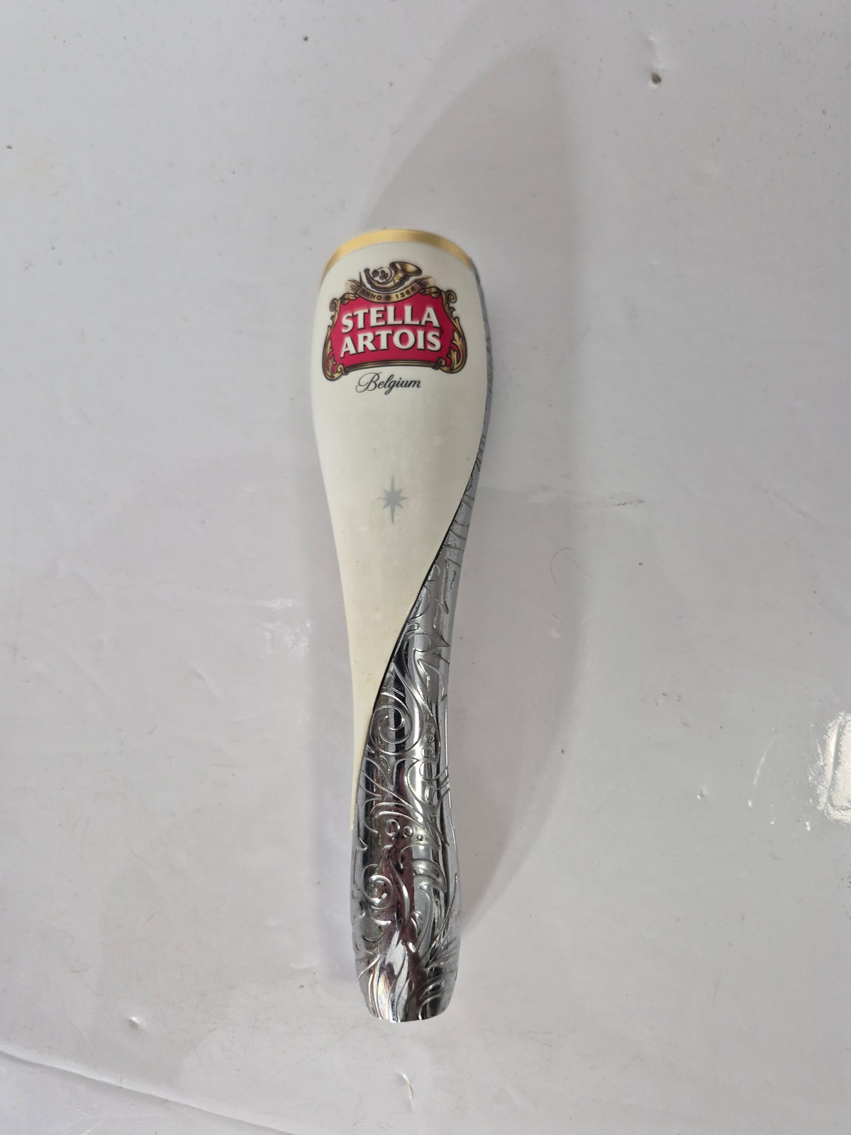 Stella Artois Belgium Sculpted Chrome & Ivory Beer Tap Handle – 7"
