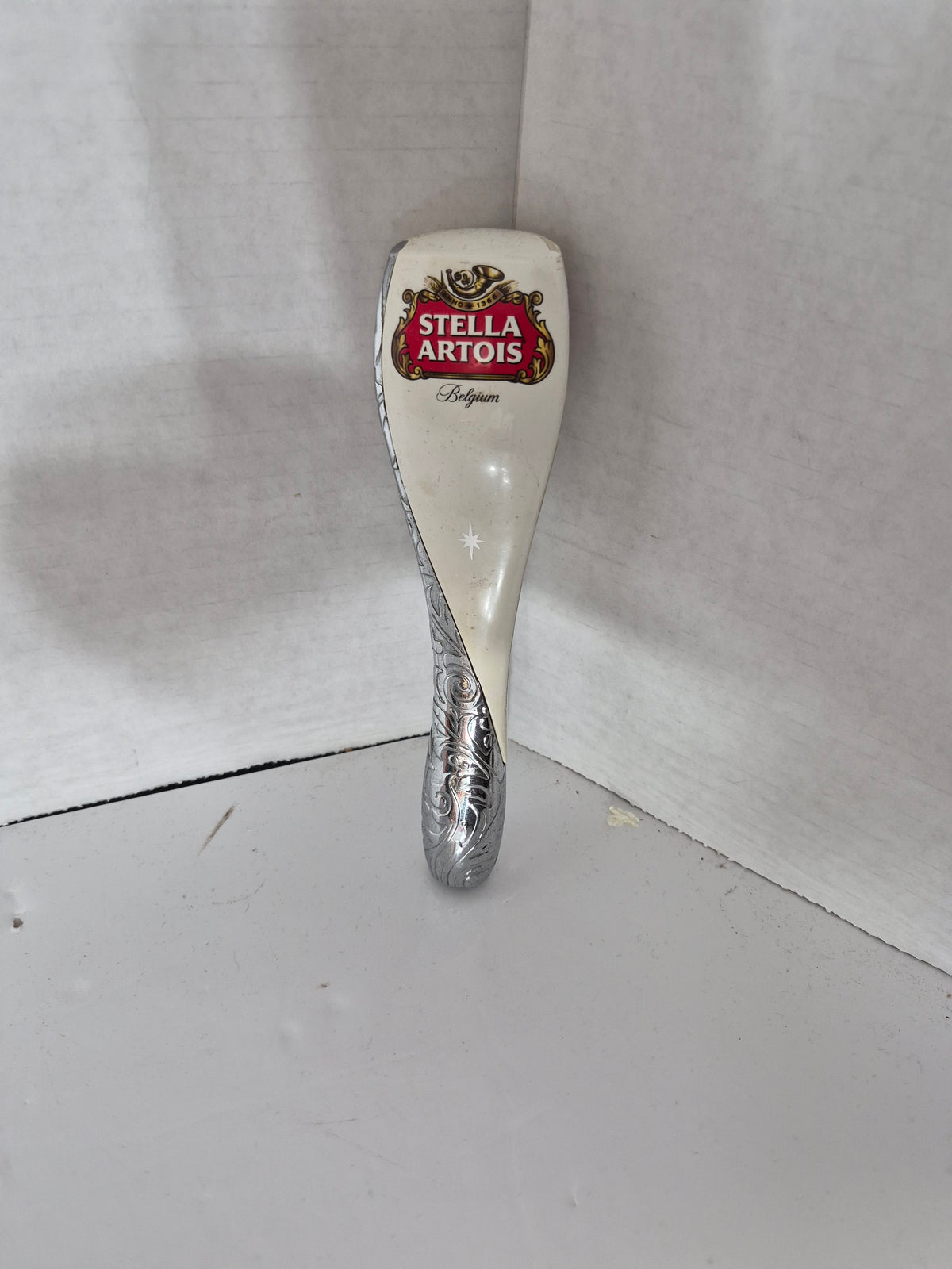 Stella Artois Belgium Sculpted Chrome & Ivory Beer Tap Handle – 7"