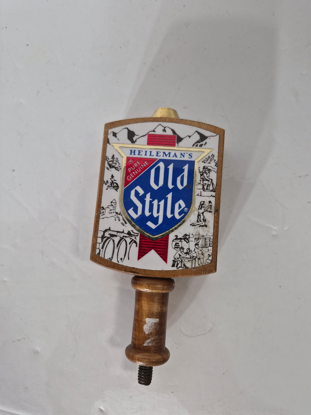 Vintage Heileman’s Old Style Beer Wooden Tap Handle – Scenic Shield Logo – 4.5"