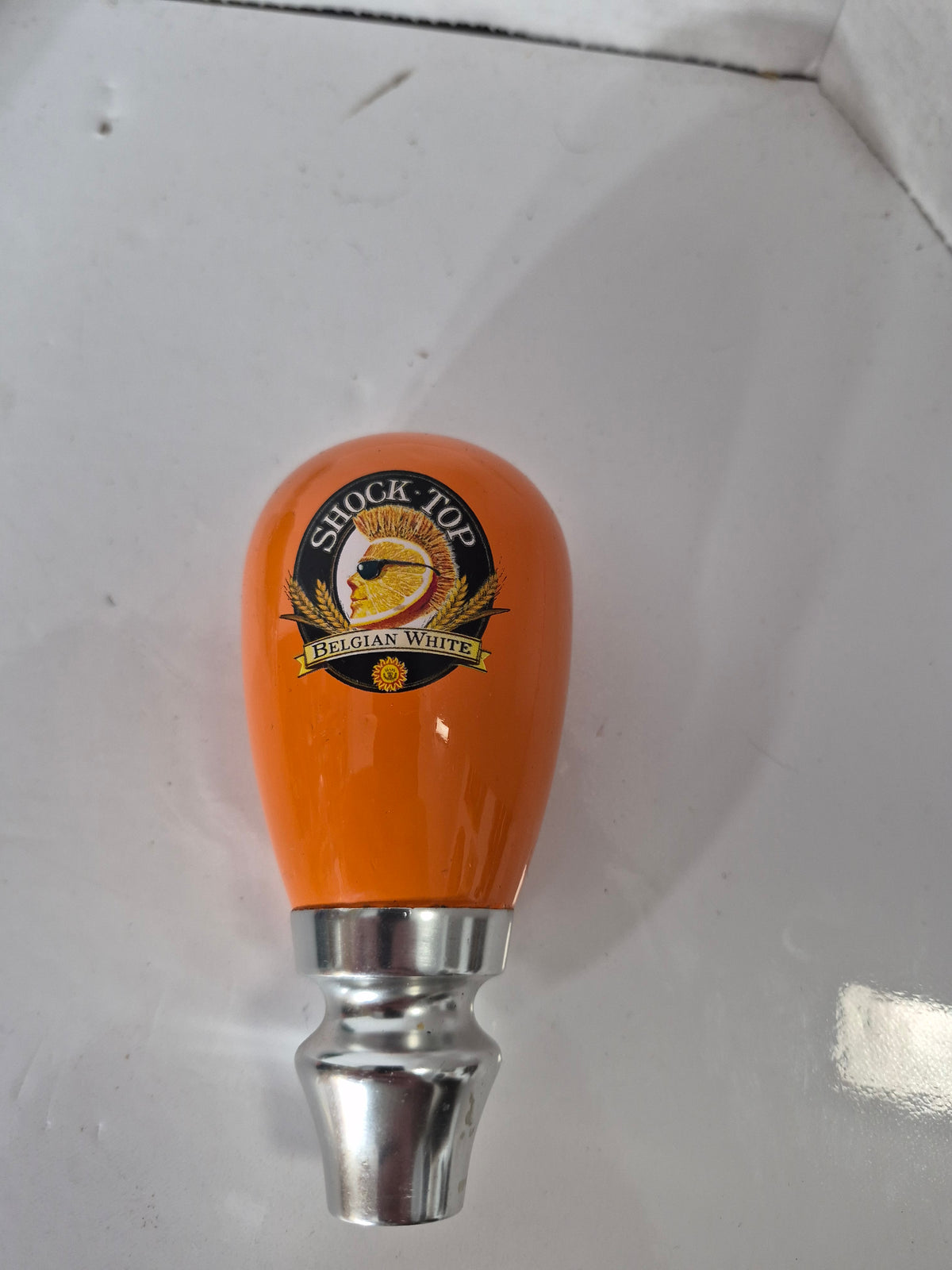 Shock Top Belgian White Orange Beer Tap Handle – Anheuser-Busch Breweriana – 4.5" x 2"