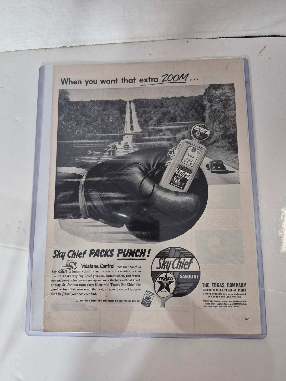 Vintage Texaco Sky Chief Gasoline Magazine Advertisement – “Packs Punch!” – 10.25" x 13.5"