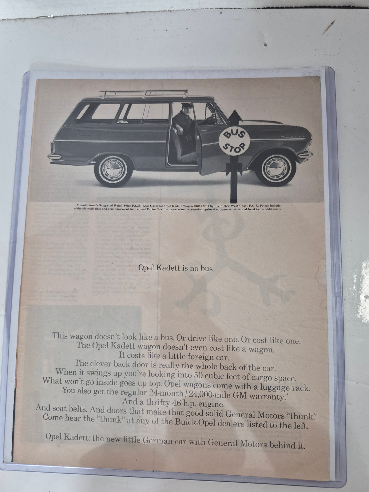 Vintage 1960s Opel Kadett Wagon “Is No Bus” General Motors Magazine Advertisement – 10.25" x 12.5"