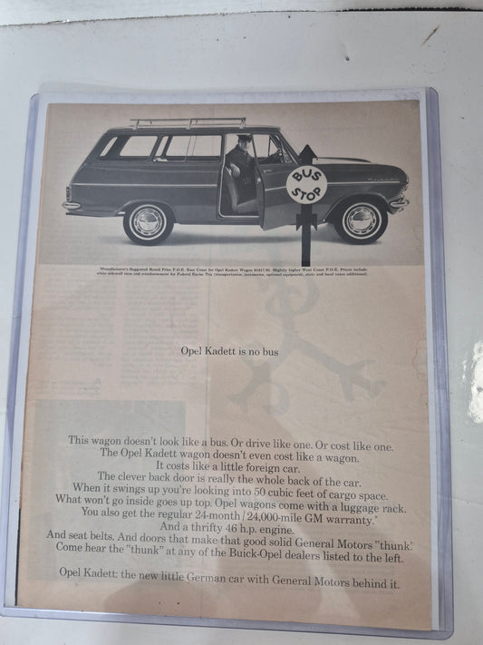 Vintage 1960s Opel Kadett Wagon “Is No Bus” General Motors Magazine Advertisement – 10.25" x 12.5"