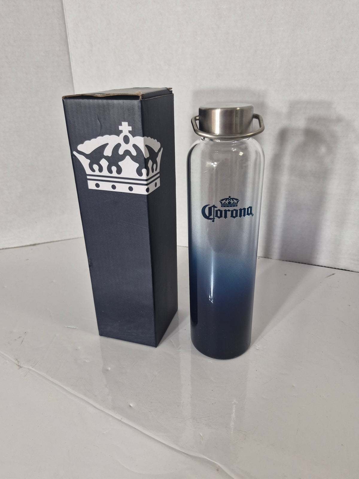Corona Extra Branded Glass Water Bottle – Blue Ombre Design – Stainless Steel Cap – Original Box – 9.5"