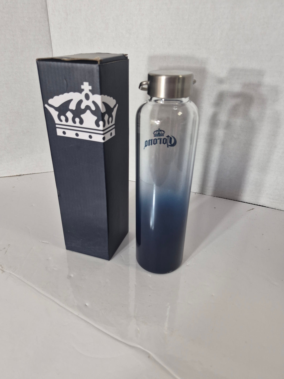 Corona Extra Branded Glass Water Bottle – Blue Ombre Design – Stainless Steel Cap – Original Box – 9.5"
