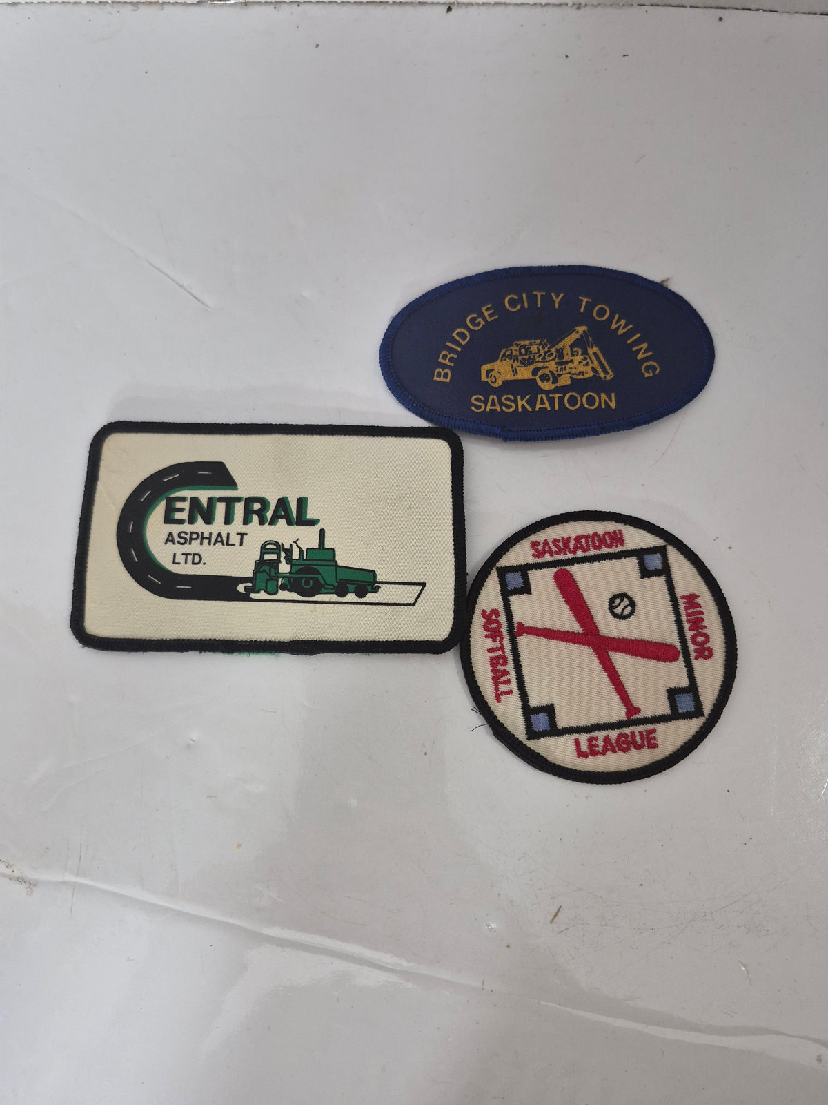 Vintage Saskatoon Embroidered Patch Lot of 3 – Bridge City Towing, Central Asphalt & Minor Softball League