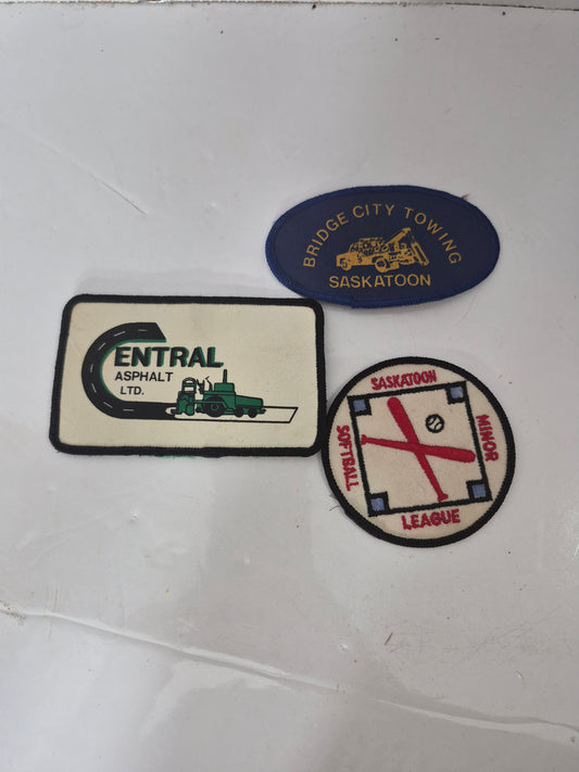 Vintage Saskatoon Embroidered Patch Lot of 3 – Bridge City Towing, Central Asphalt & Minor Softball League
