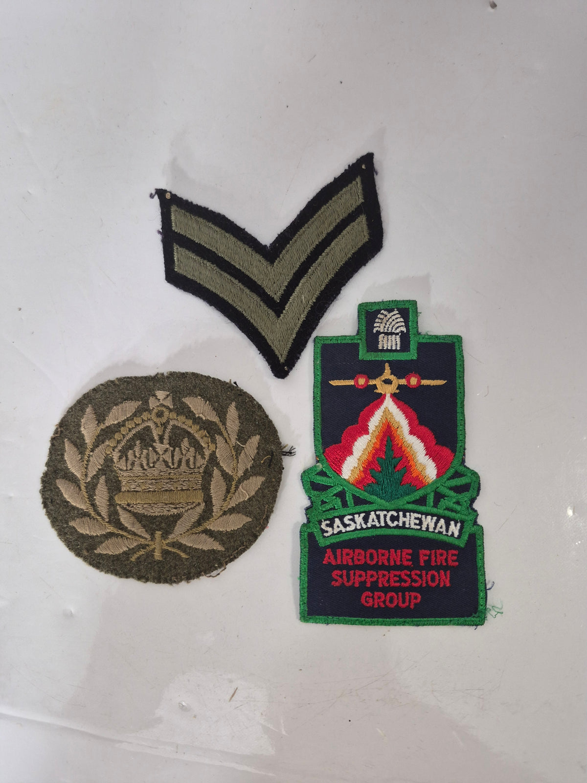 Vintage Embroidered Patch Lot of 3 – Saskatchewan Airborne Fire Suppression, Military Rank & Crown Insignia