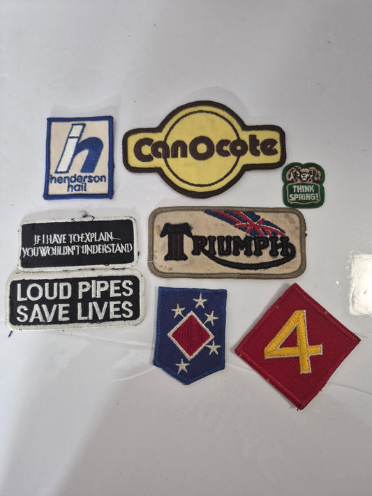 Vintage Embroidered Patch Lot of 8 – CanOcate, Triumph Motorcycles, Henderson Hall, Military & Novelty Patches