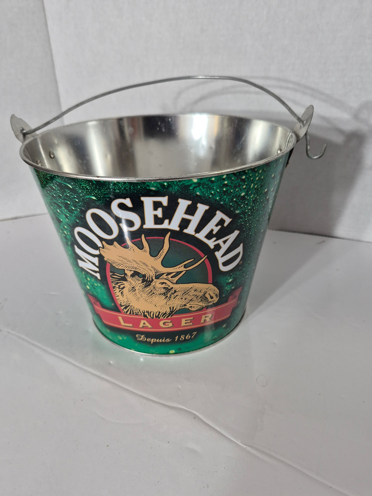 Moosehead Lager Metal Bottle Bucket – Green with Moose Logo – 7 x 8.5 in.