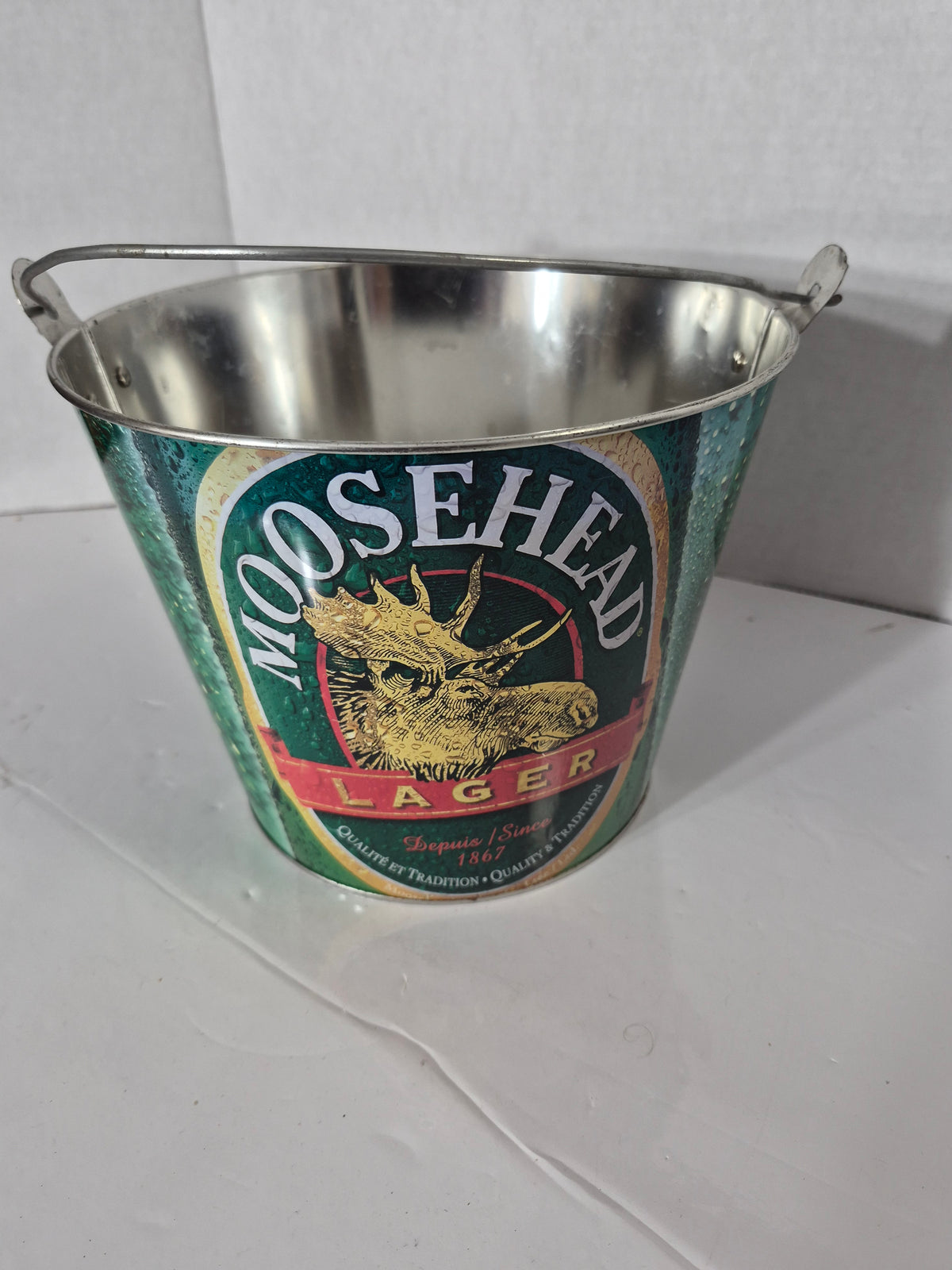 Moosehead Lager Metal Bottle Bucket – Green with Moose Logo – 7 x 8.5 in.