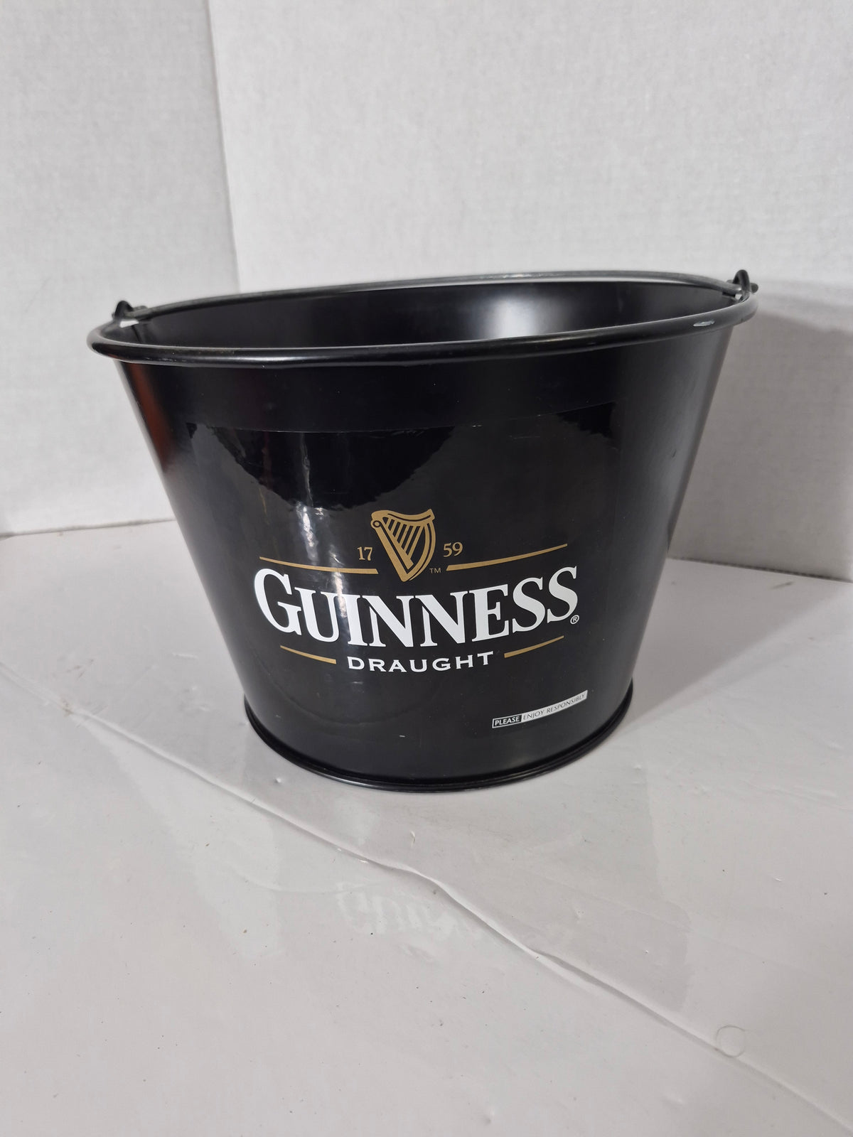 Guinness Draught Metal Bottle Bucket – Black with Gold Harp – 7.25 x 10.5 in.