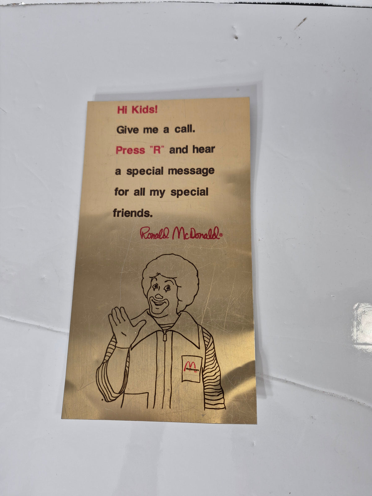 Vintage Ronald McDonald Metal Plate – "Press R" Phone Card – 5.5 x 10.5 in.