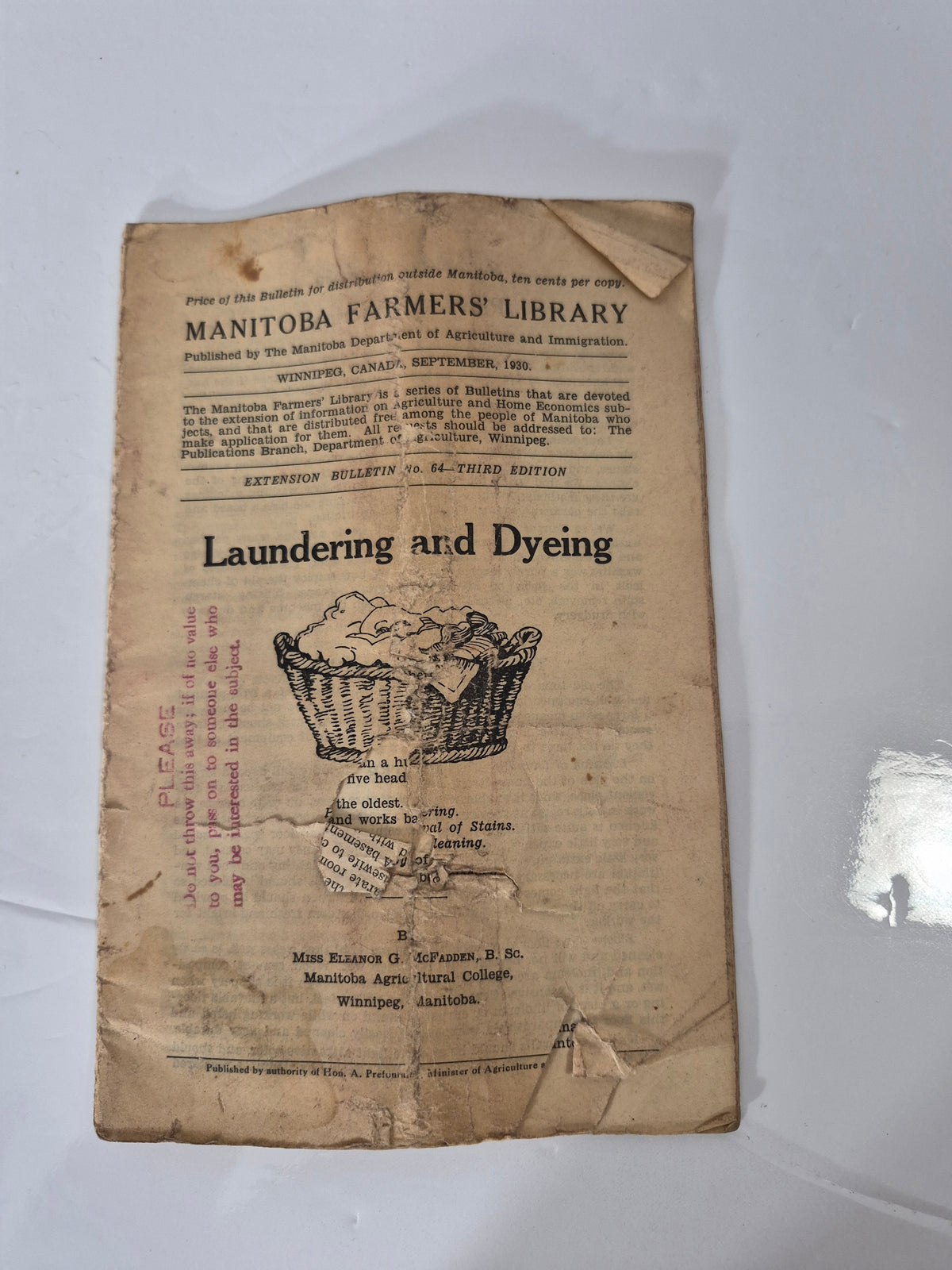 1930 Manitoba Farmers' Library Bulletin No. 64 – Laundering and Dyeing – Third Edition