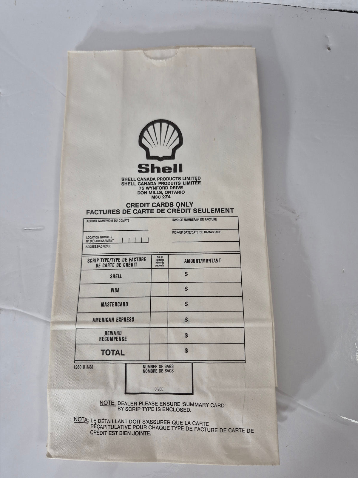 Vintage 1988 Shell Canada Credit Card Deposit Bag – Dealer Petroliana Ephemera – 6.25 x 12 in.