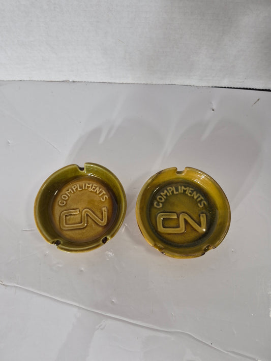 Pair of CN "Compliments" Railway Ashtrays – Brown Glazed Ceramic – 4.25 in.