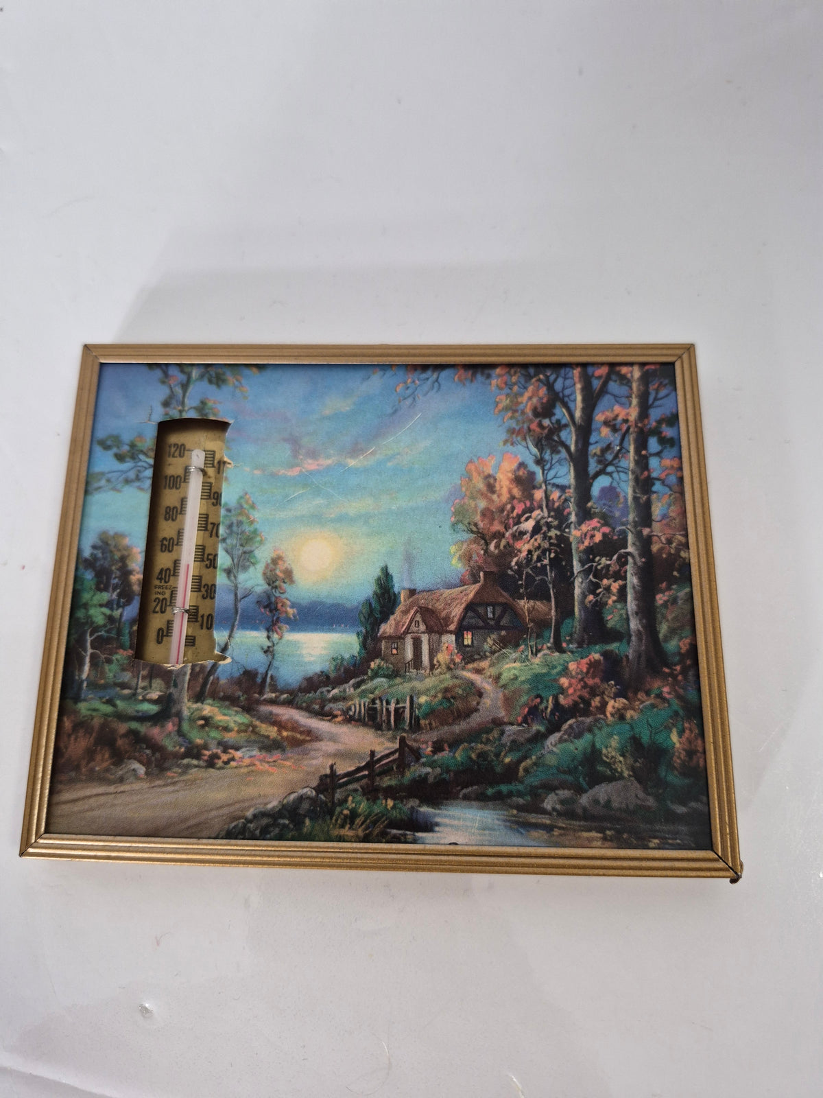 1955 Framed Calendar Thermometer – Scenic Cottage Print – 5.25 x 4.25 in.