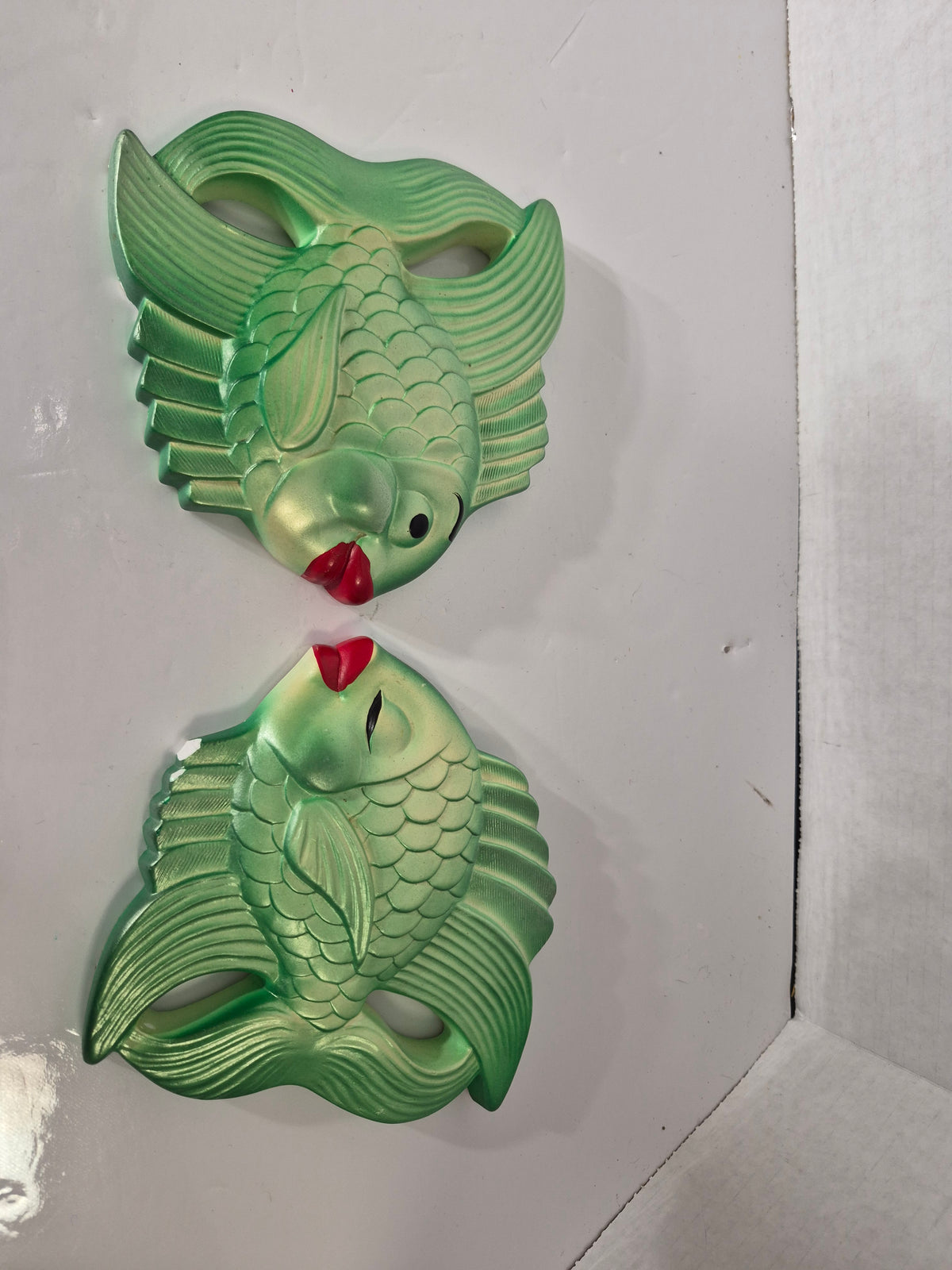Vintage Chalkware Kissing Fish Wall Plaques – Pair – Green with Red Lips – 6 x 5.5 in.