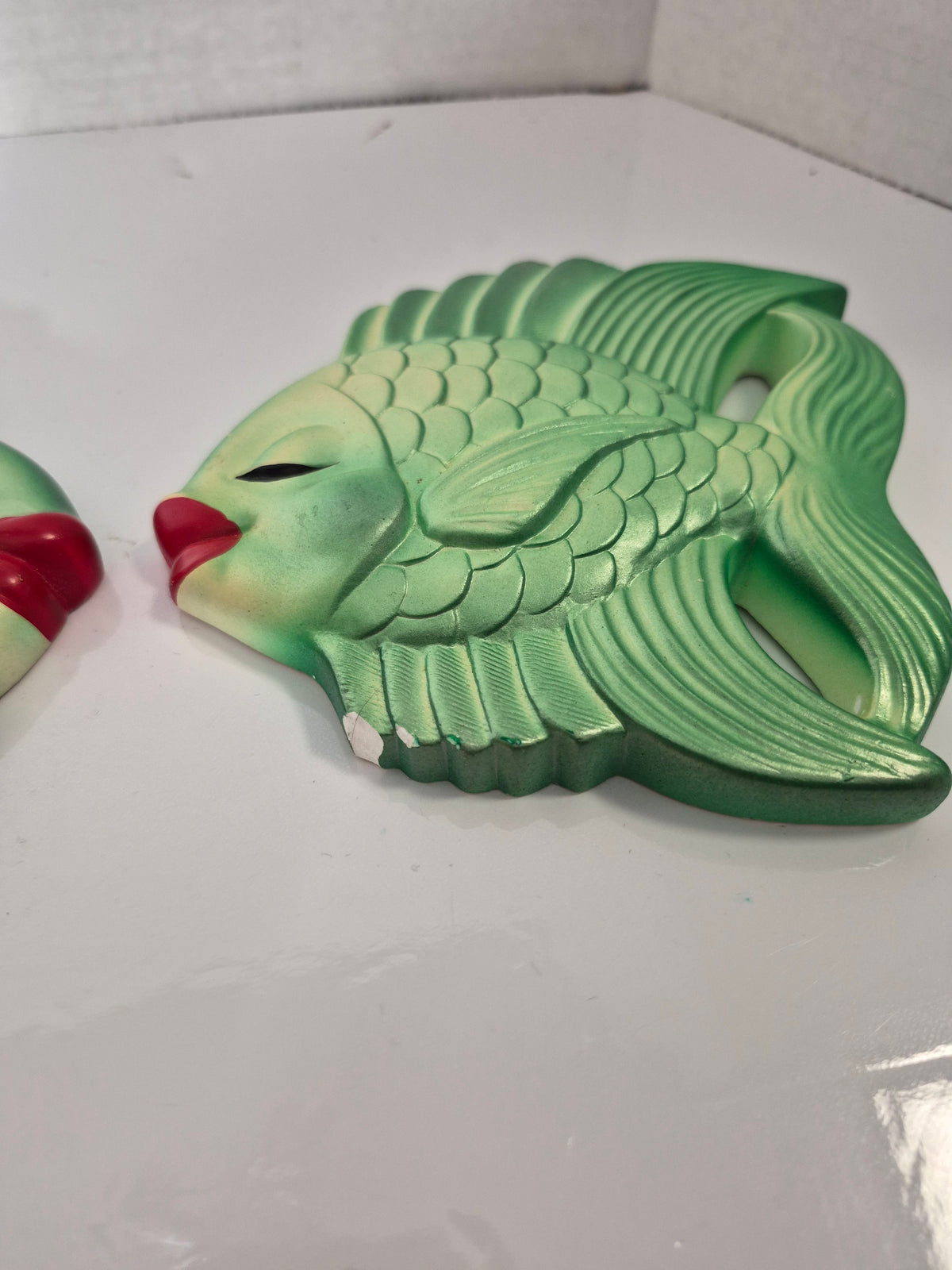 Vintage Chalkware Kissing Fish Wall Plaques – Pair – Green with Red Lips – 6 x 5.5 in.