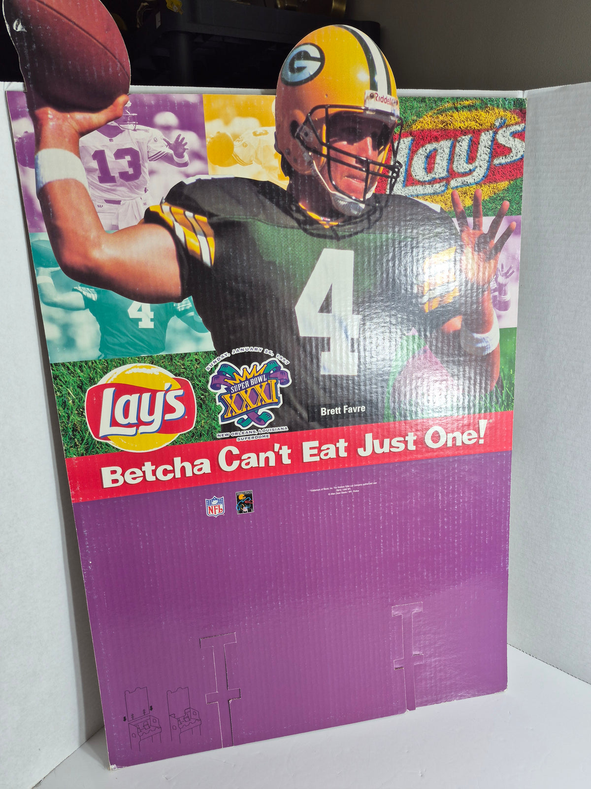 1997 Lay's Super Bowl XXXI Cardboard Display – Brett Favre, "Betcha Can't Eat Just One!" – 19 x 30.5 in.
