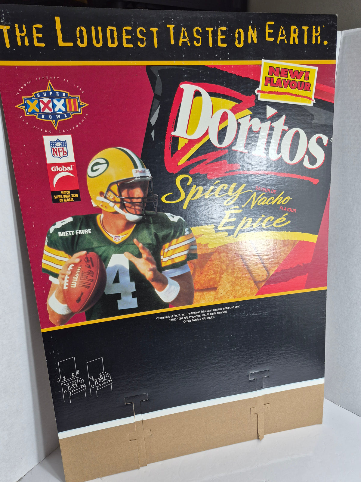 1998 Doritos Super Bowl XXXII Cardboard Store Display – Brett Favre, Spicy Nacho – 28 x 19 in.