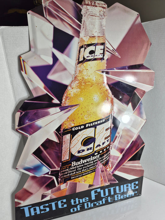1993 Budweiser Ice Draft Embossed Tin Sign – "Taste the Future of Draft Beer" – 20 x 30 in.