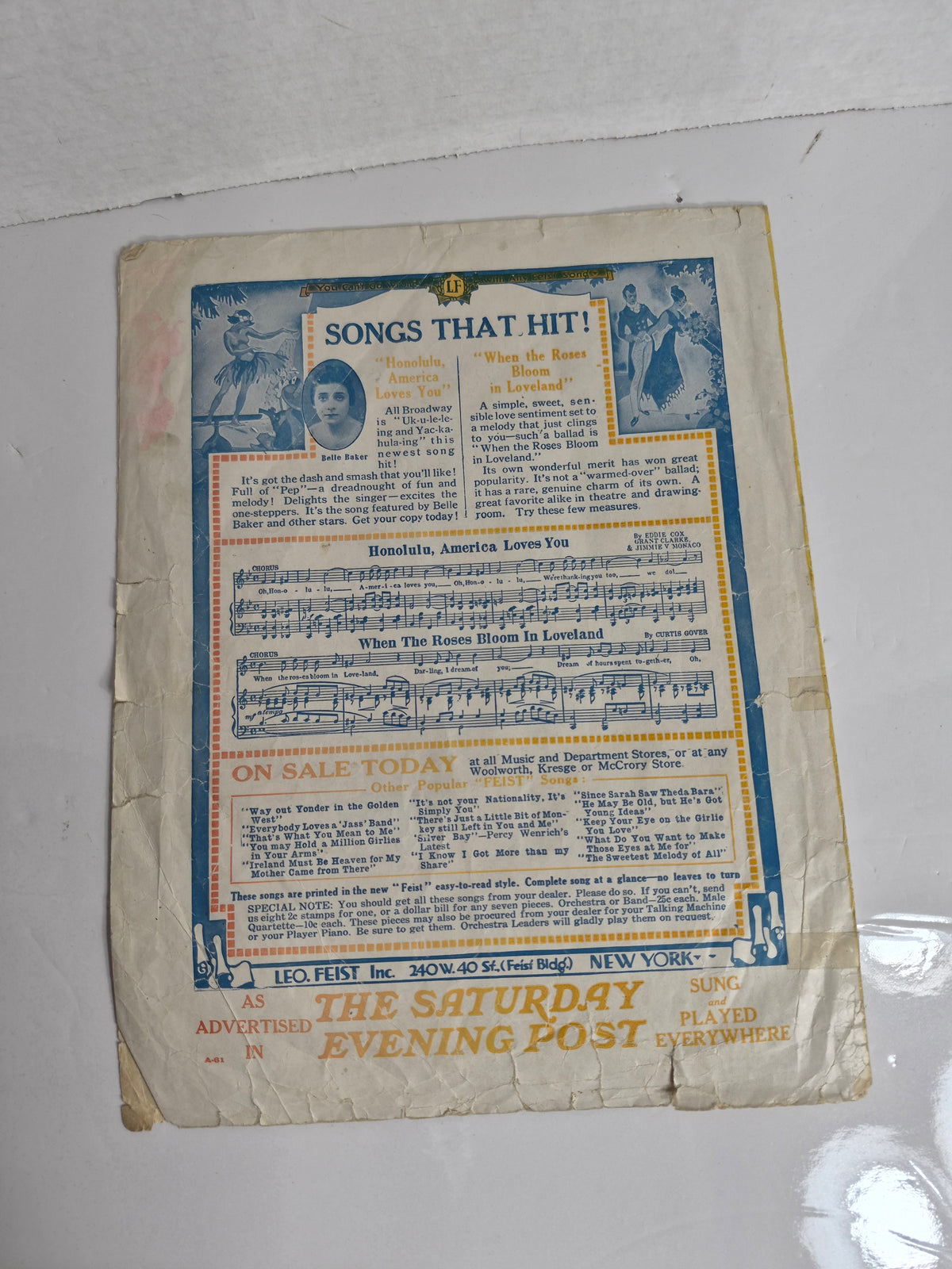 1917 "Hawaiian Butterfly" Sheet Music – Leo Feist, New York – 10.5 x 13.5 in.