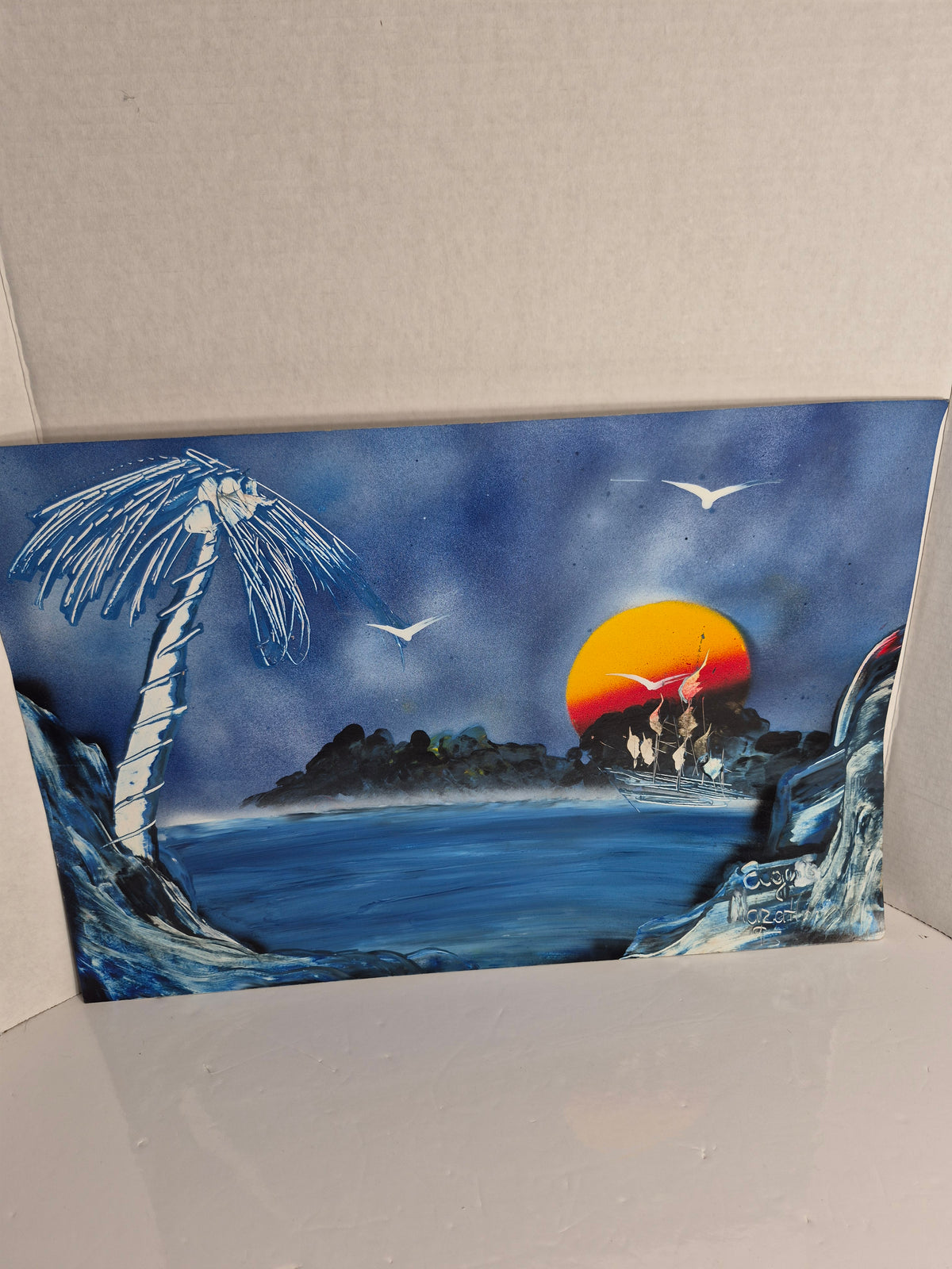 Eugenio Mazzola Original Spray Paint Art – Moonlit Island & Palm – 20 x 15 in.