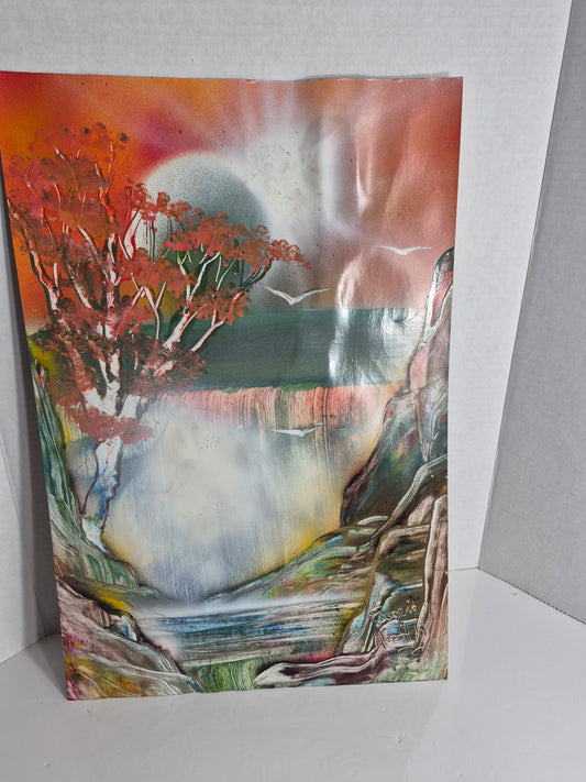 Eugenio Mazzola Original Spray Paint Art – Sunset Trees Over Water – 14 x 21 in.