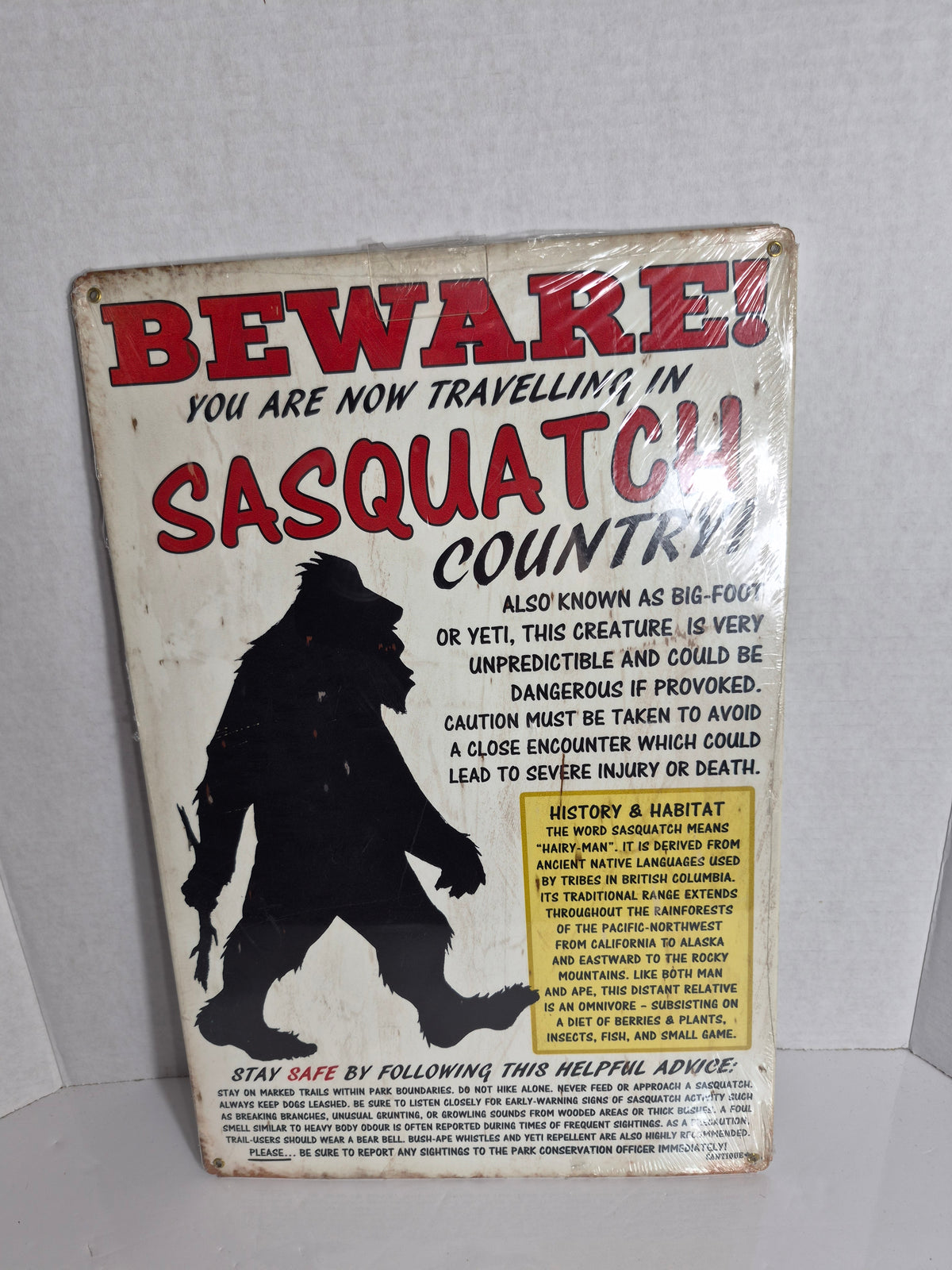 "Beware! Sasquatch Country" Metal Novelty Sign – Sealed in Wrap – 11.5 x 17.5 in.