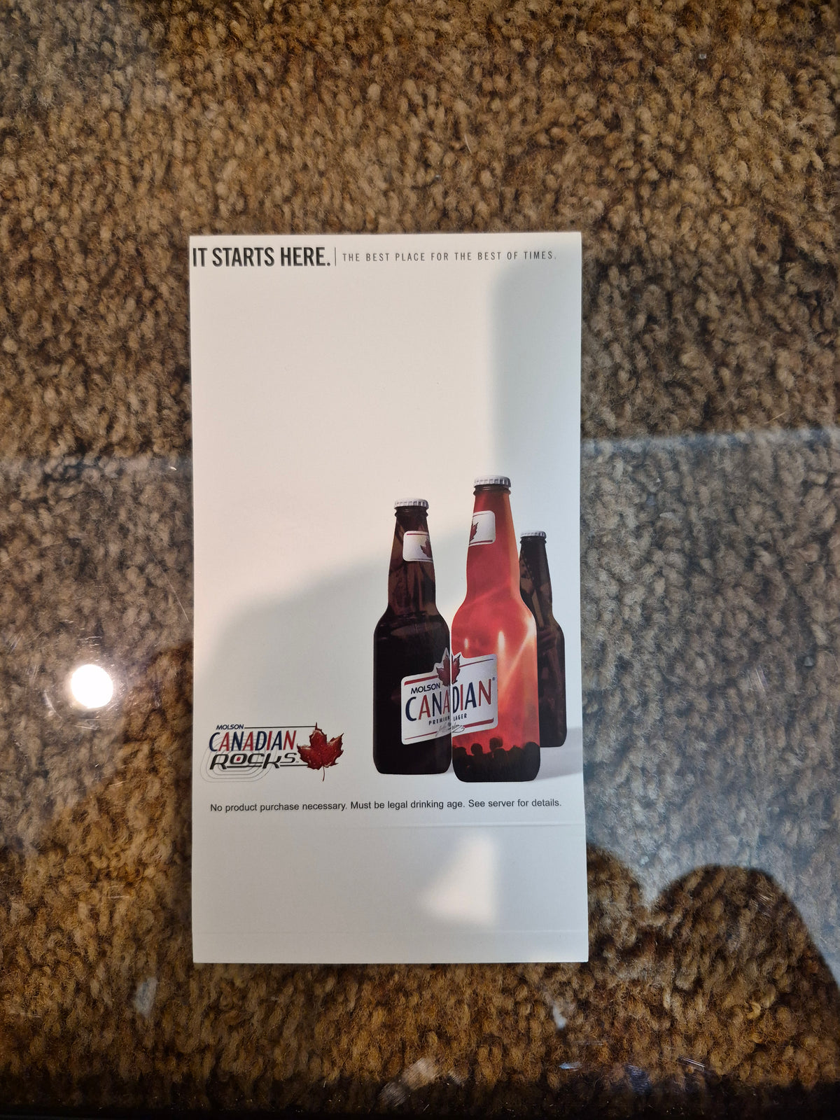 Molson Canadian Rocks "It Starts Here" Double-Sided Table Top Ad 7.5 x 4 in. — Longbranch Saloon Drumheller