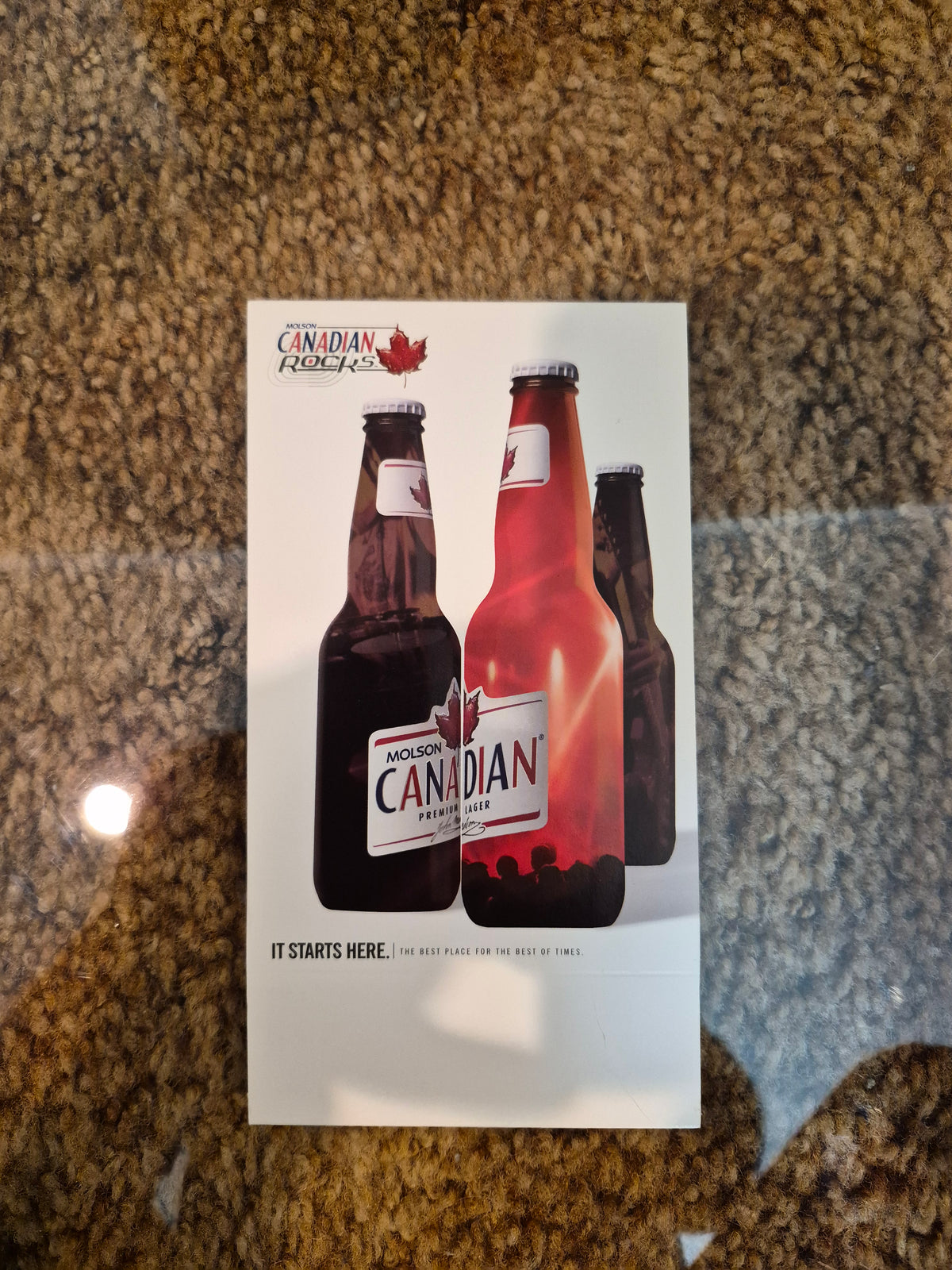 Molson Canadian Rocks "It Starts Here" Double-Sided Table Top Ad 7.5 x 4 in. — Longbranch Saloon Drumheller