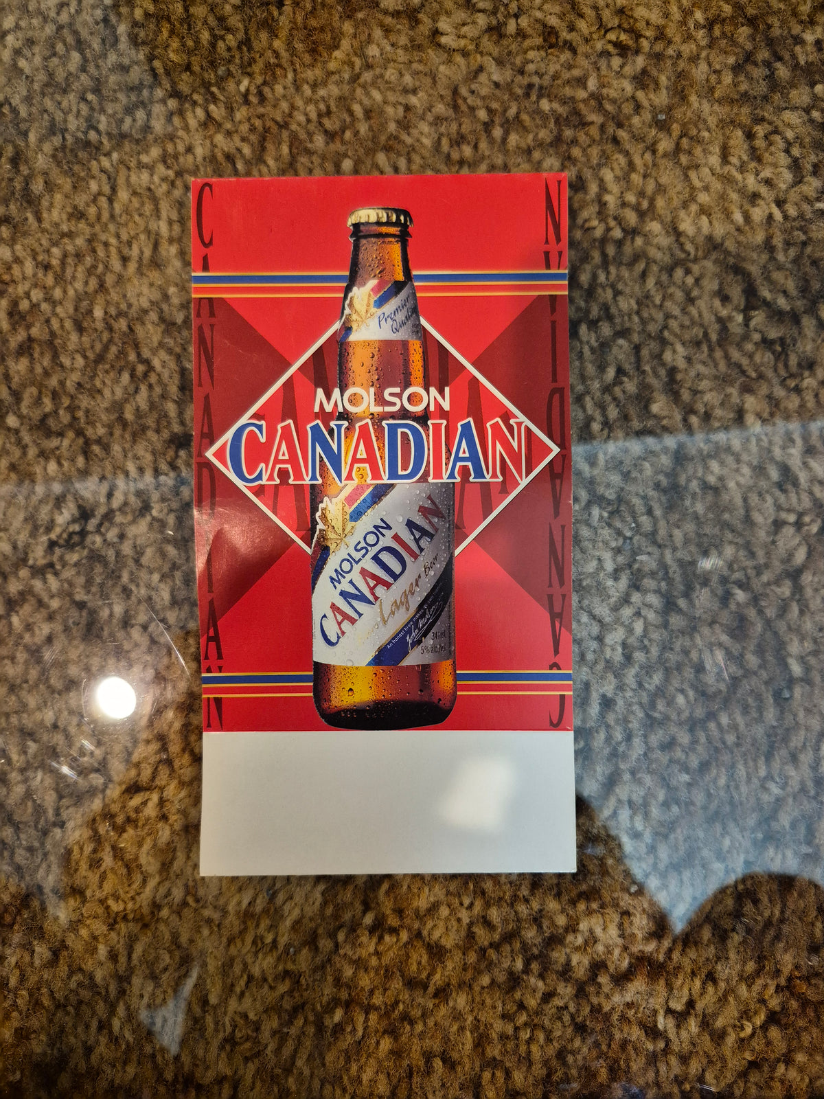 Molson Canadian Bottle Diamond Logo Double-Sided Table Top Ad 7.5 x 4 in. — Longbranch Saloon Drumheller