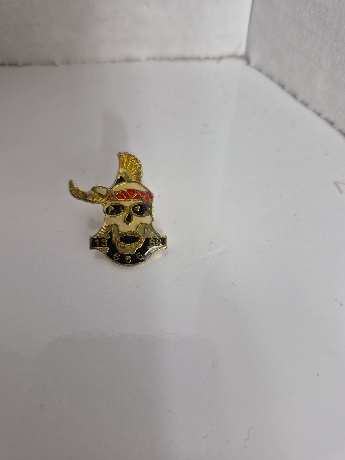 Vintage Skull with Mohawk 13 69 666 Enamel Lapel Pin 1 in.