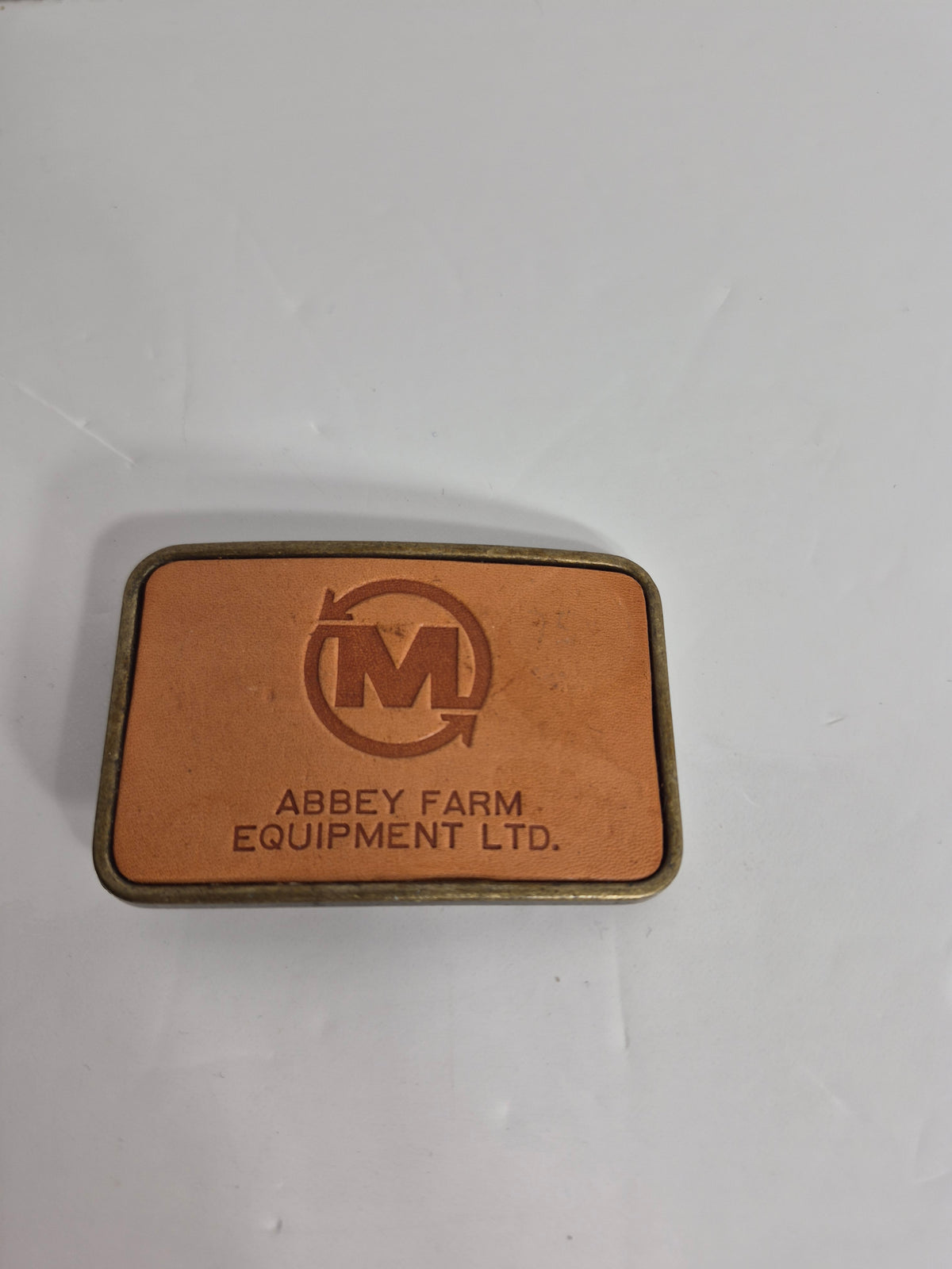 Vintage Abbey Farm Equipment Ltd. Leather Inset Belt Buckle 3 x 2 in.