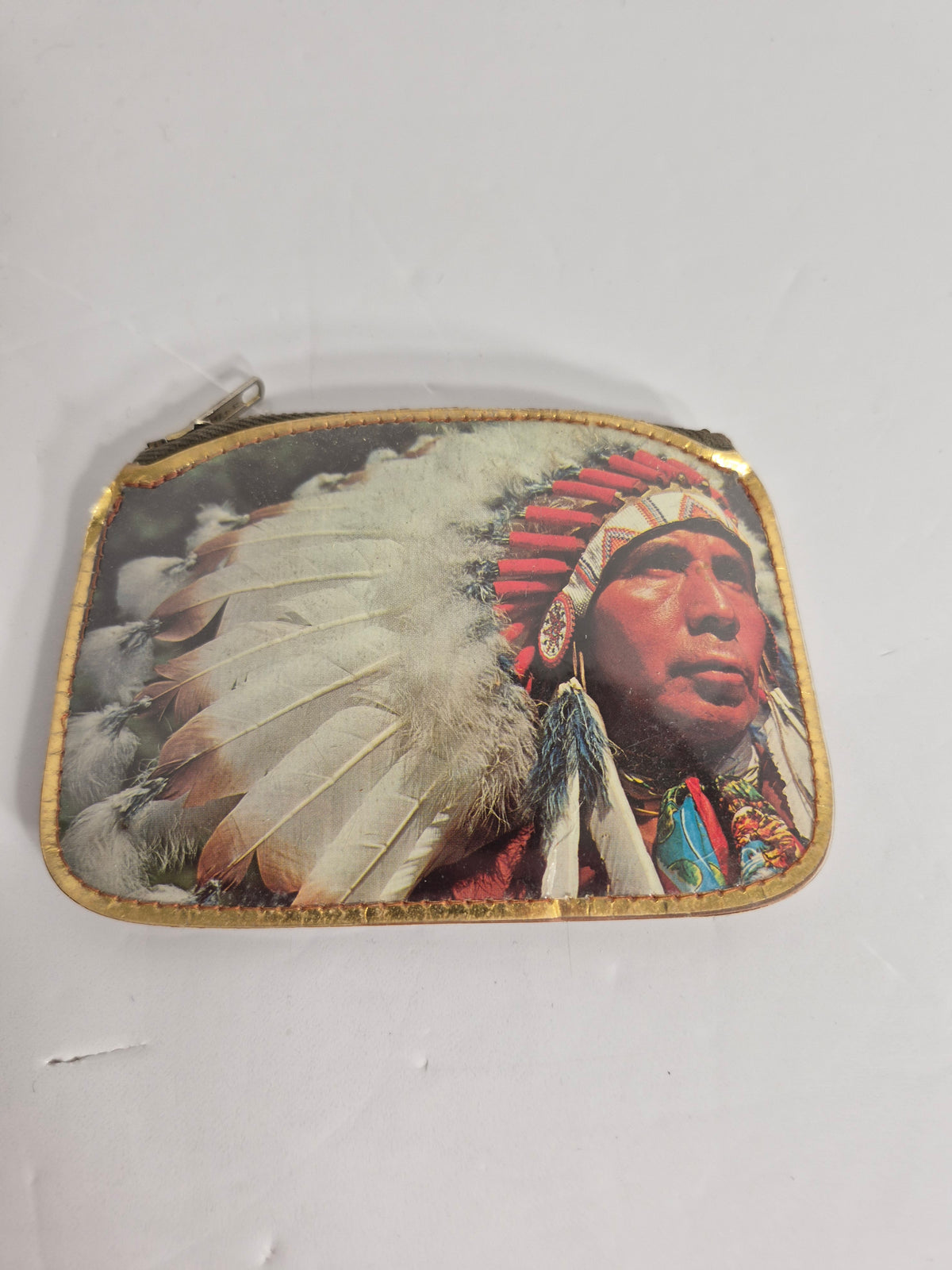 Vintage Pleather Change Purse with Indigenous Chief Portrait 4.75 x 3.5 in.