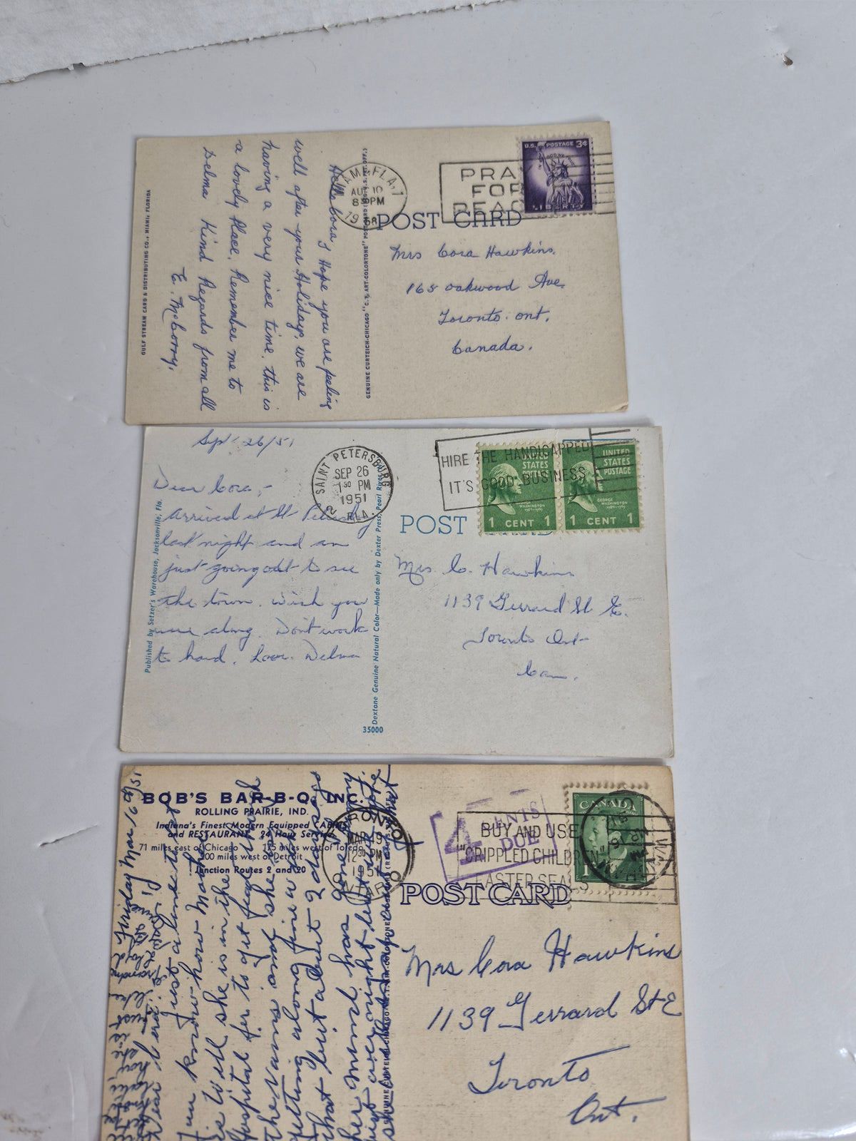 Vintage Linen Postcard Lot of 3 Florida & Indiana 1951 & 1968 Mailed Toronto