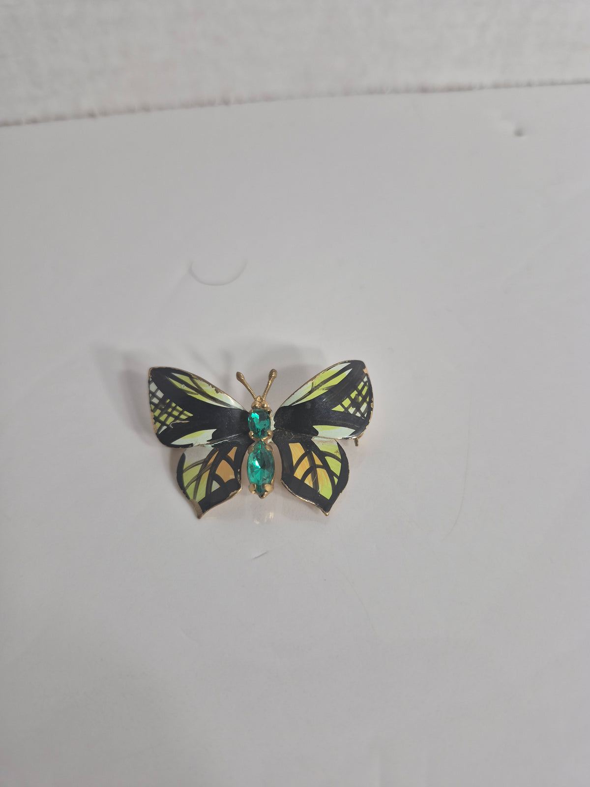 Vintage Enamel Butterfly Brooch — Black and Yellow Wings with Green Body, 1.5 Inch