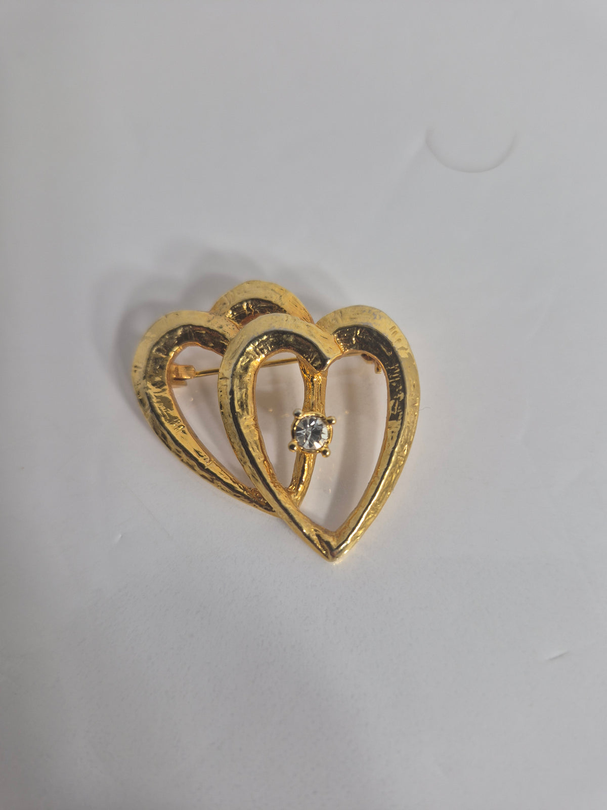 Vintage Gold Tone Double Heart Brooch with Clear Stone — 1.25 Inch