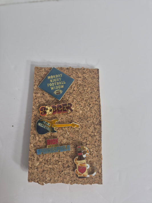 Vintage Novelty Enamel Lapel Pin Set of 5 — Glen Campbell, Rick Springfield, Monday Night Football Widow, Soccer, Beer Bottle
