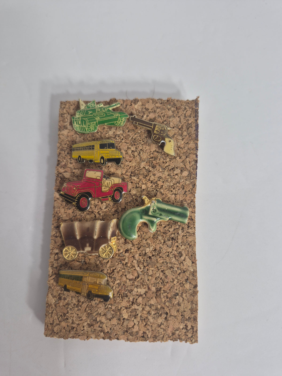 Vintage Enamel Lapel Pin Set of 7 — Tank, School Bus, Jeep, Covered Wagon, Revolver and Pistol Pins