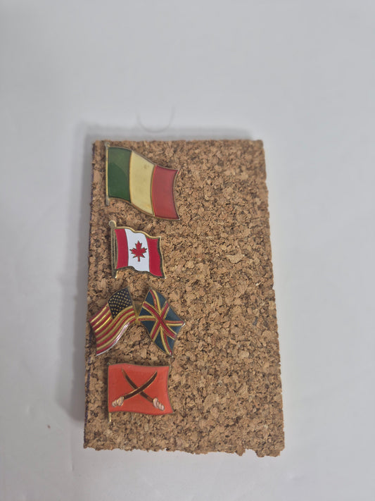 Vintage Enamel Flag Lapel Pin Set of 4 — Italy, Canada, USA–UK Friendship Flags, Crossed Swords Military Pin