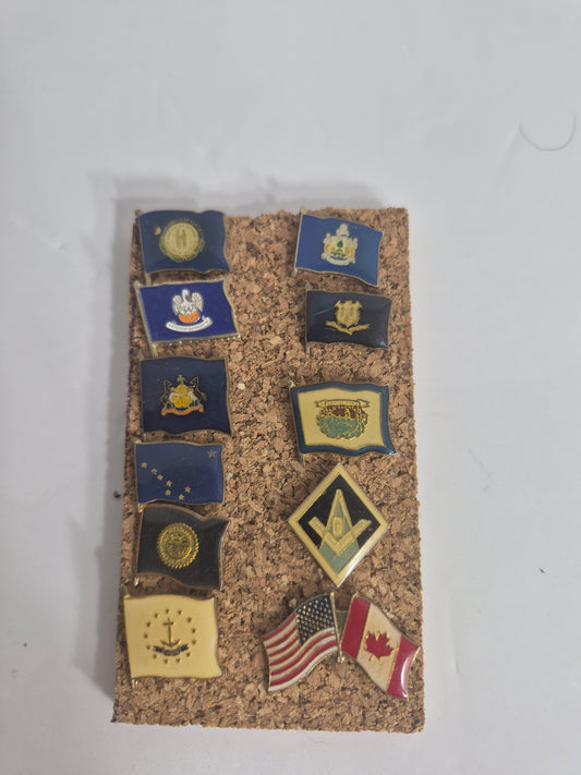 Vintage US State Flag Enamel Lapel Pin Lot of 11 — State Flags, Masonic Square & Compass, USA-Canada Friendship Pin Set
