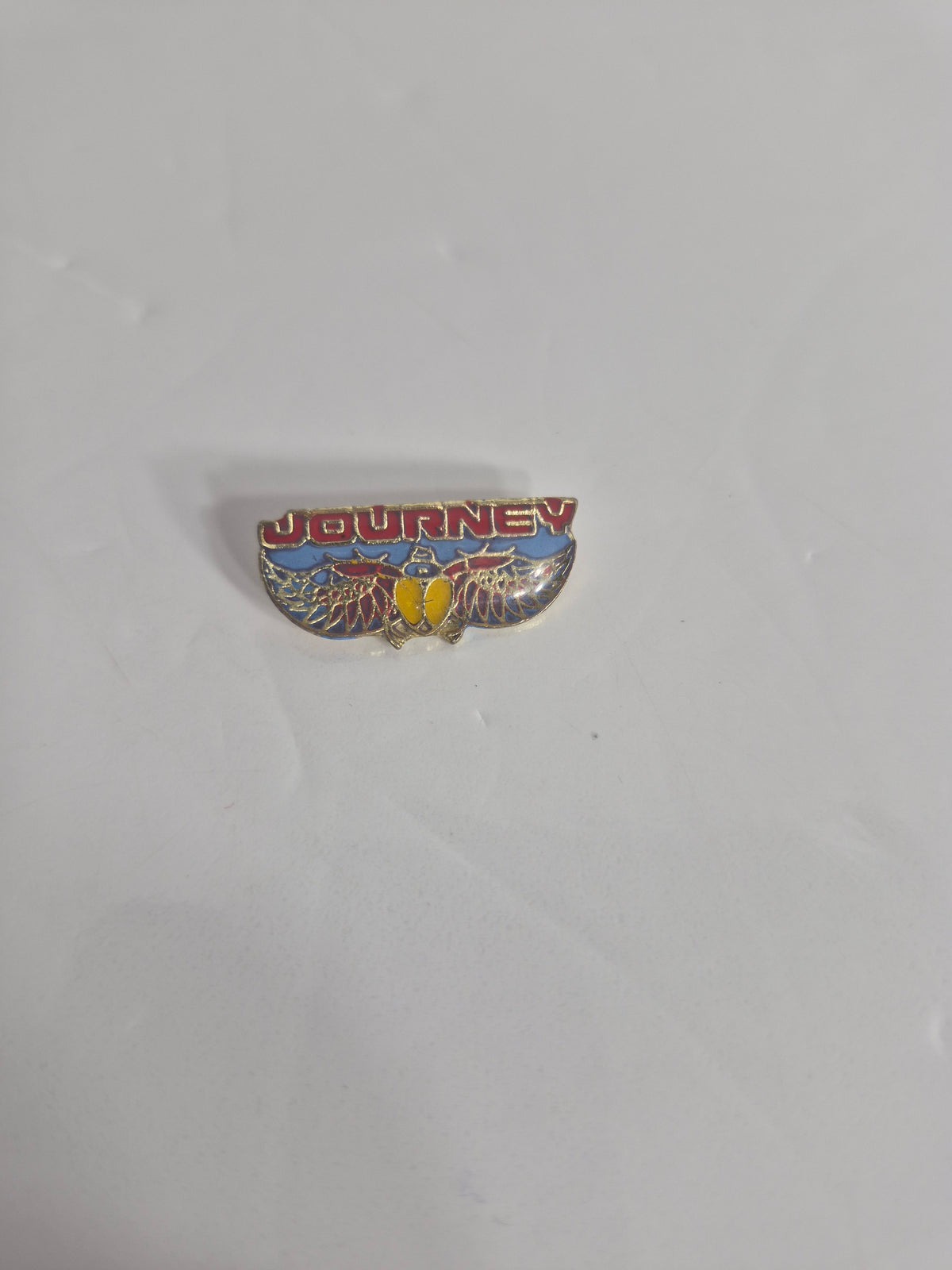 Vintage Journey Band Enamel Lapel Pin — Winged Scarab Logo, Red Blue and Gold, Rock Music Memorabilia, 1" x 0.5"