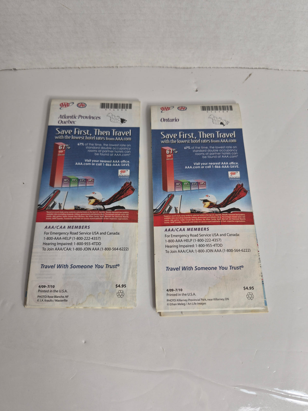 AAA CAA Provincial Series Road Maps Pair - Ontario & Atlantic Provinces Quebec, 2009 Editions